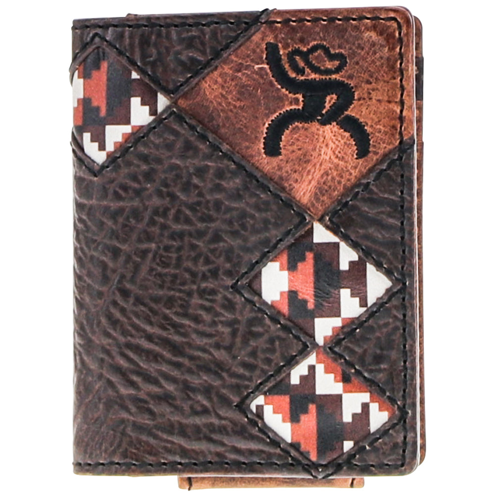 dark brown leather wallet with rust/brown/white diamond patches and single light brown patch with black Hooey logo