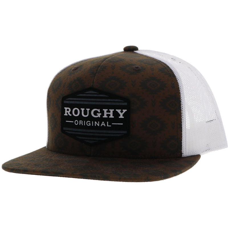 brown and white Roughy original hat with black Aztec pattern and logo patch