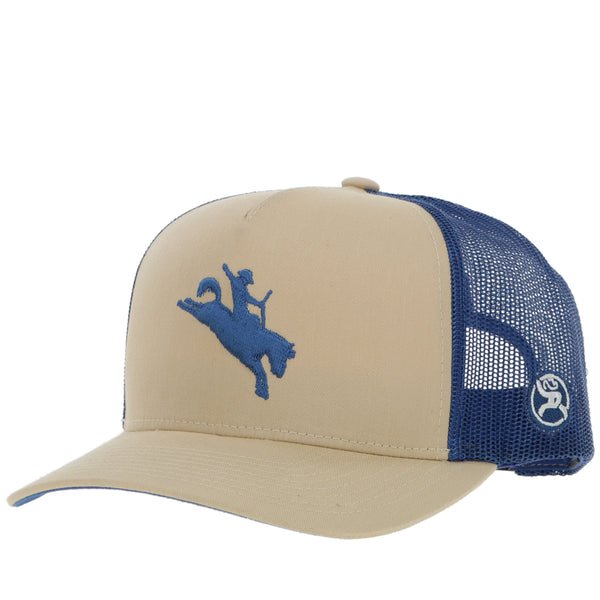 front of tan with navy blue WHIT hat with navy bronc rider patch