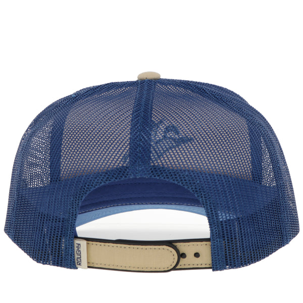 the back of the navy blue and tan WHIT hat with navy mesh and tan snap bands