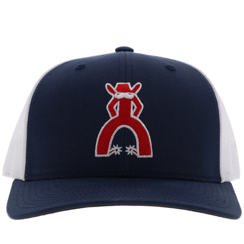 the front of the royal blue and white Punchy hat with red and white logo patch