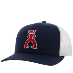 blue and white punchy hat with red and white logo patch