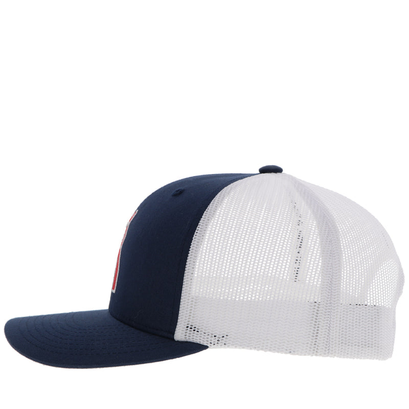 left side of royal blue and white punchy hat