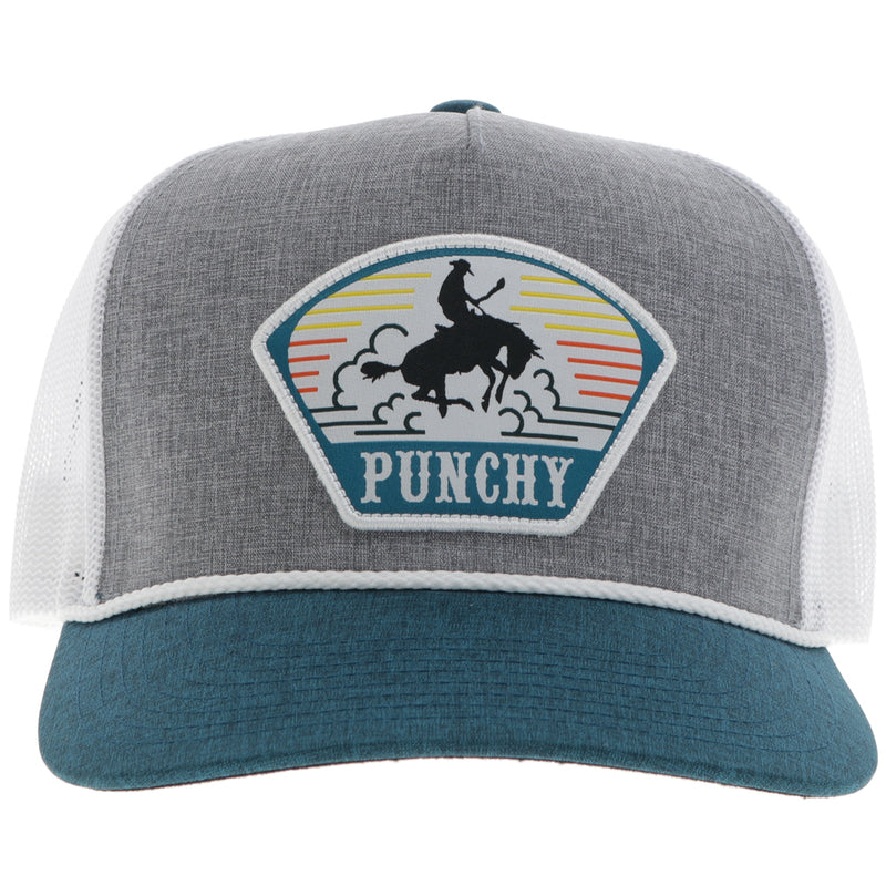 heather grey and heather blue hat with blue, white, yellow, and red Punchy logo