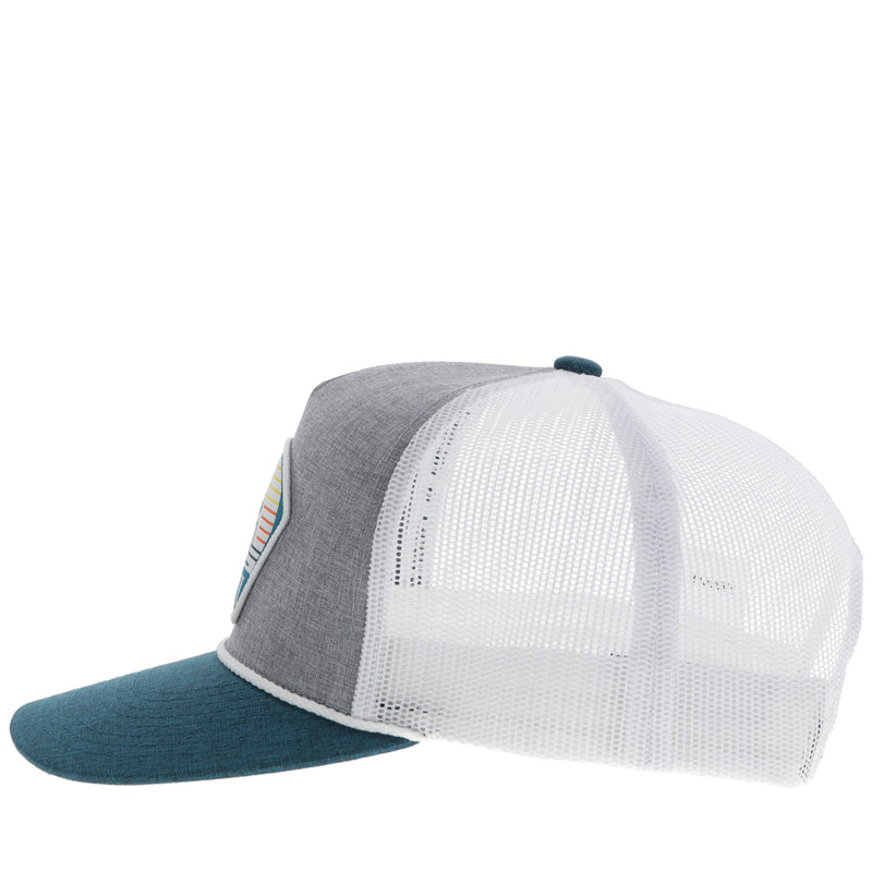 left side of heater blue and grey hat with white mesh
