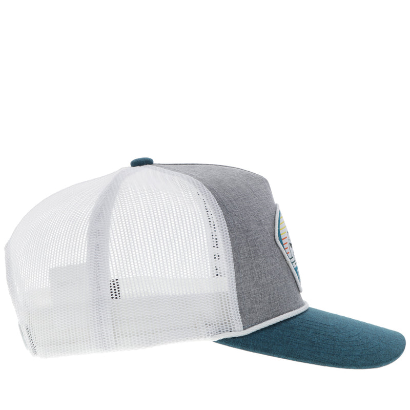 right side of white, heather grey, and heather teal hat