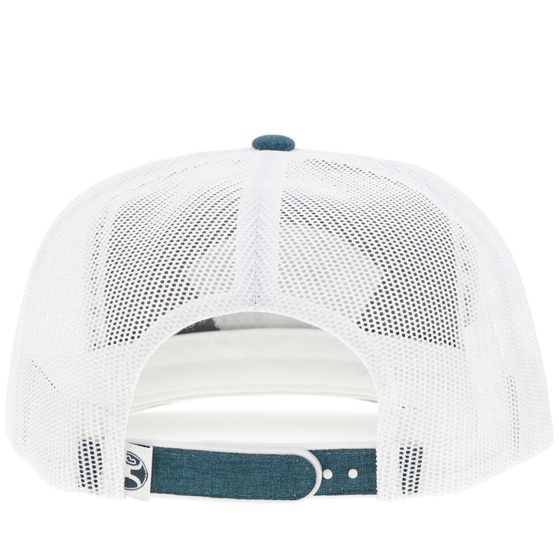 back of punchy hat with white mesh and heather blue snap bands