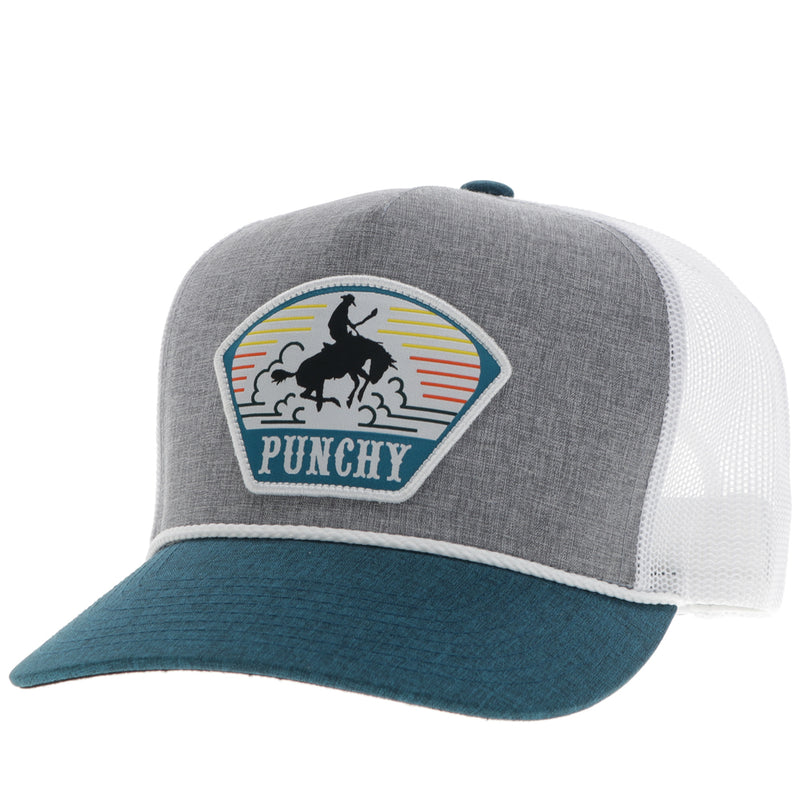 white mesh, heather grey and heather blue hat with Punch logo patch