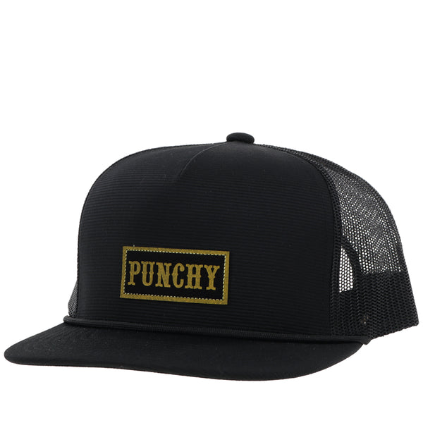 front of punchy solid black hat with gold logo patch