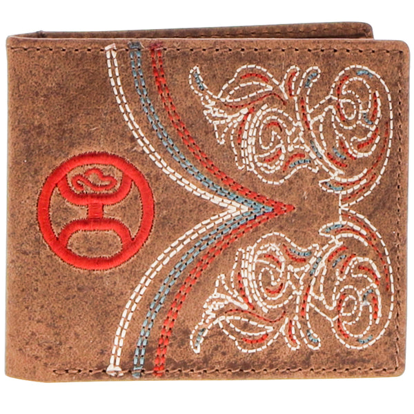 Leather wallet with red hooey logo and red/white/blue embroidered design