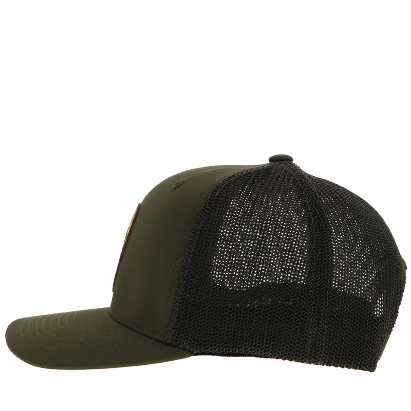 left side of olive Hooey hat with olive mesh