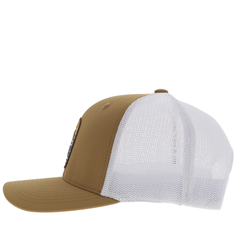 left side of tan and white Hooey Habitat hat