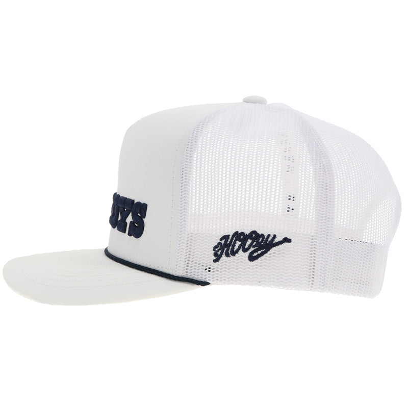 left side of white cowboys x hooey hat with blue Hooey logo and blue rope detail