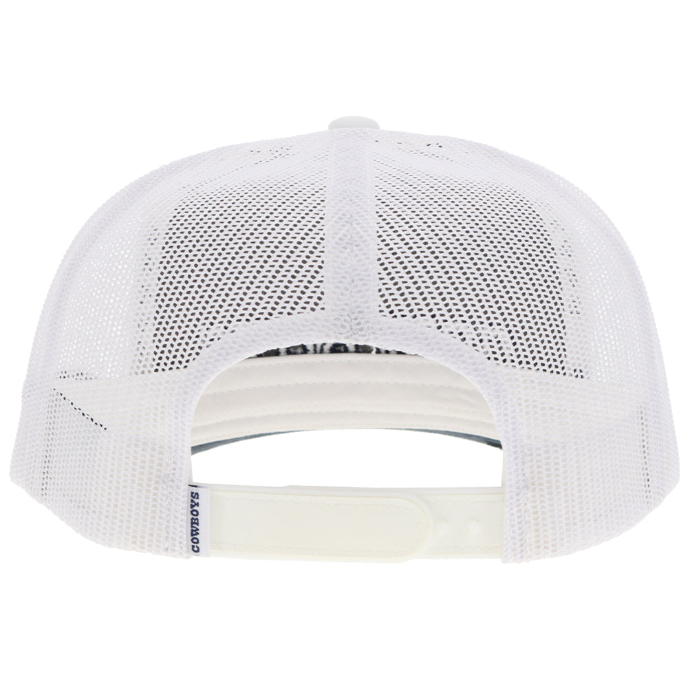 back of white on white Dallas Cowboys x Hooey hat with blue and white cowboys tag