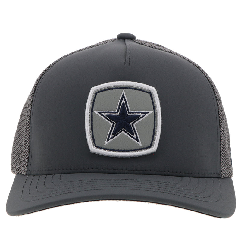 front of grey Cowboys x Hooey hat with blue, grey, and white Star logo patch