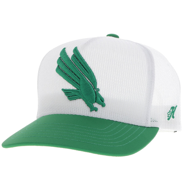 green and white UNT x Hooey hat with green logo patch