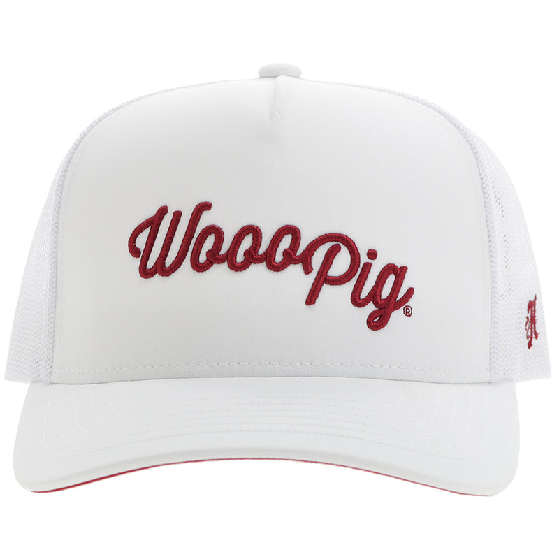front of white Hooey x Arkansas hat with red WOOO Pig patch