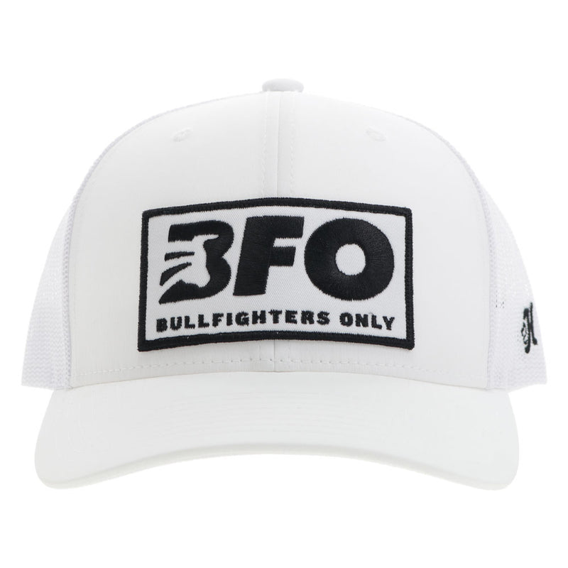 front of the white on white BFO hat with black and white patch