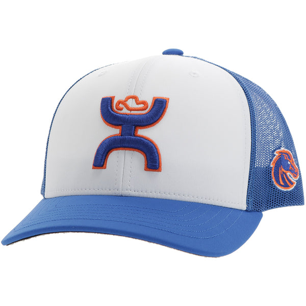 blue and white Boise x Hooey hat with blue and orange Hooey logo patch