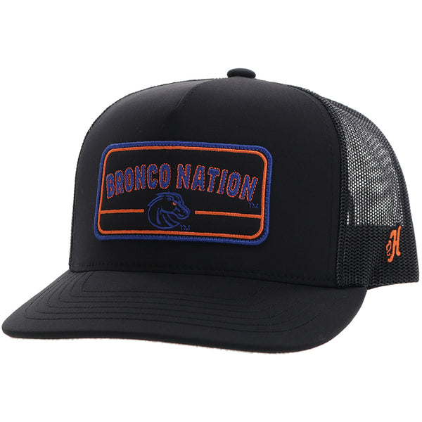 Boise " Bronco Nation" x Hooey black hat with orange and blue patch