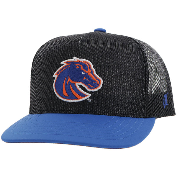 Boise x Hooey black and blue hat with orange and blue Bronco patch
