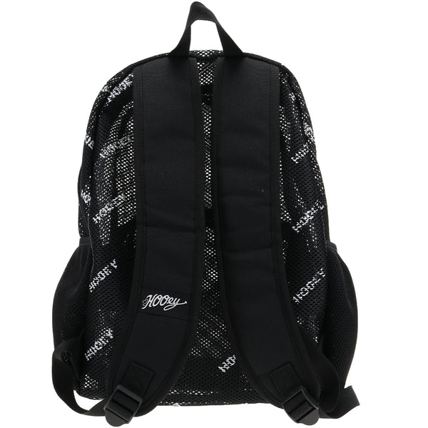 Back of the Nitro Mesh backpack in black with a single Hooey logo on the strap
