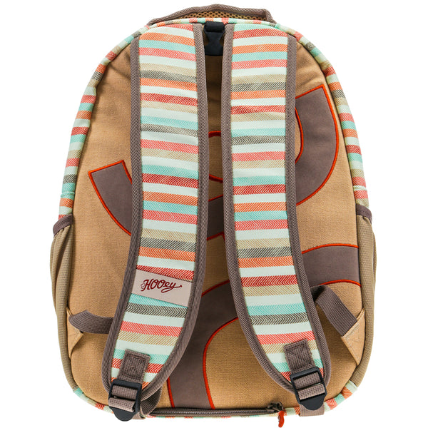 back of the recess backpack with tan back pad, brown and red hooey logo, cream, tan, rust straps