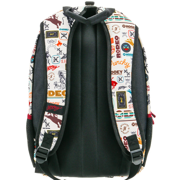 back of the Rockstar backpack with black back panel and rodeo pattern on the straps