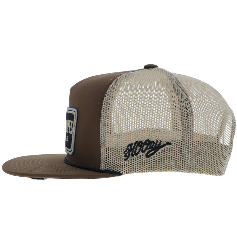 left side of brown and tan cactus ropes hat with brown H logo