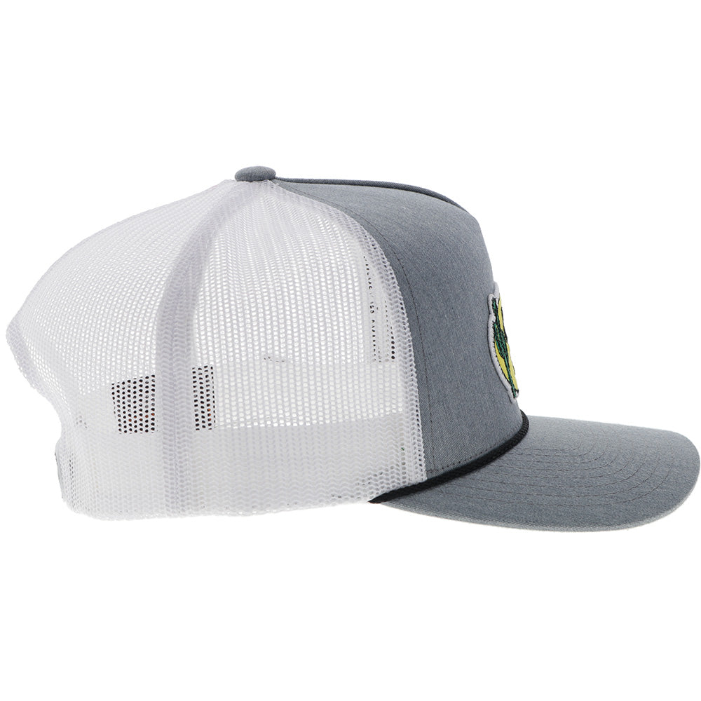 "CR111" Cactus Ropes Hat Grey/White w/Yellow & Black Oval Patch