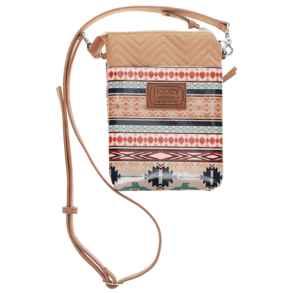 "Thunderbird" Tan/Navy Chevron & Striped Pattern Crossbody Purse