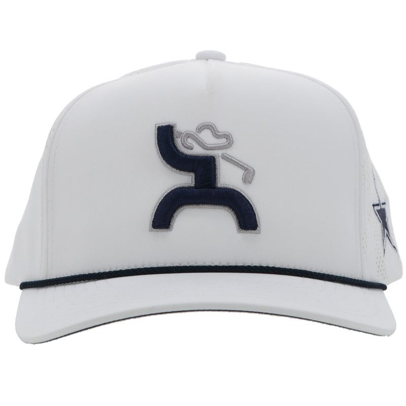front of white on white dallas cowboys golf hat with blue and silver hooey golf logo and blue rope detail