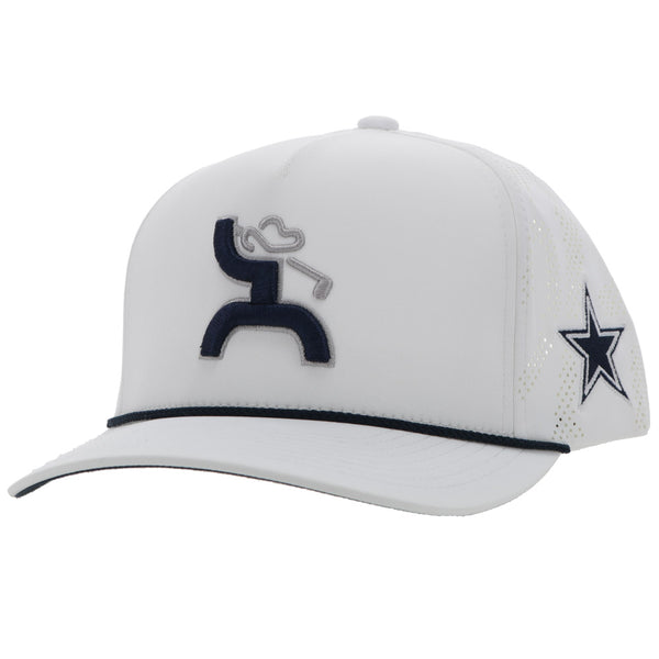 white on white dallas cowboys golf hat with blue and silver hooey golf logo and blue rope detail