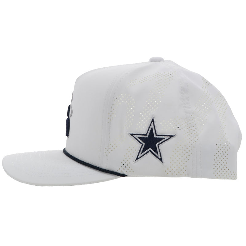 left side of white on white dallas cowboys golf hat with blue and silver hooey golf logo and blue rope detail