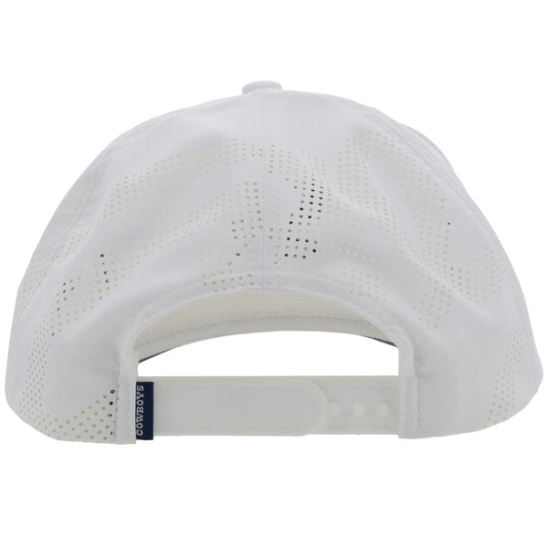 back of white on white dallas cowboys golf hat with blue and silver hooey golf logo and blue rope detail