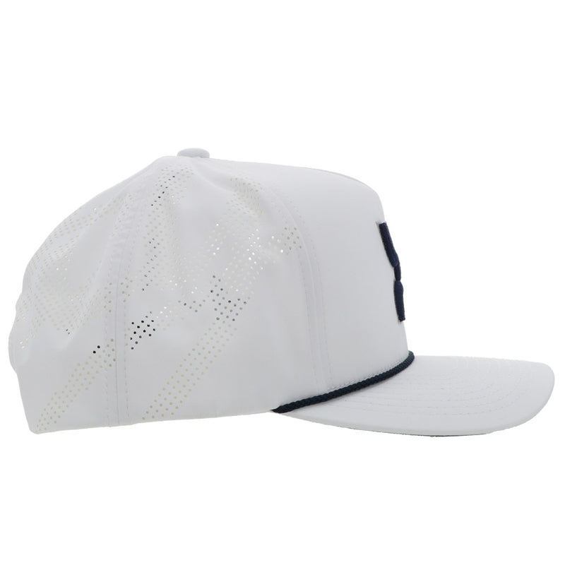 right side of white on white dallas cowboys golf hat with blue and silver hooey golf logo and blue rope detail