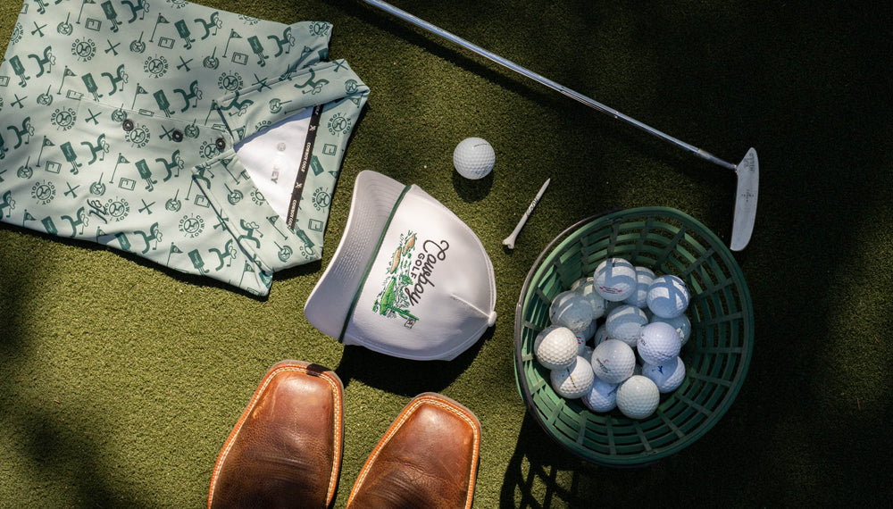 "The Weekender" Aqua Green Cowboy Golf Pattern Polo