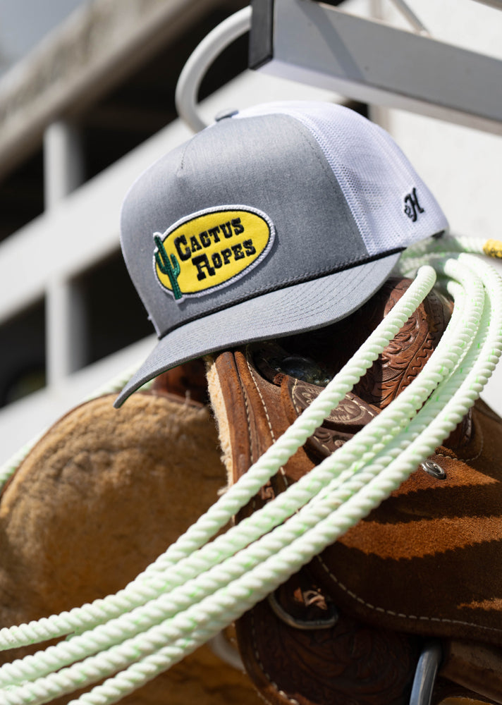"CR111" Cactus Ropes Hat Grey/White w/Yellow & Black Oval Patch