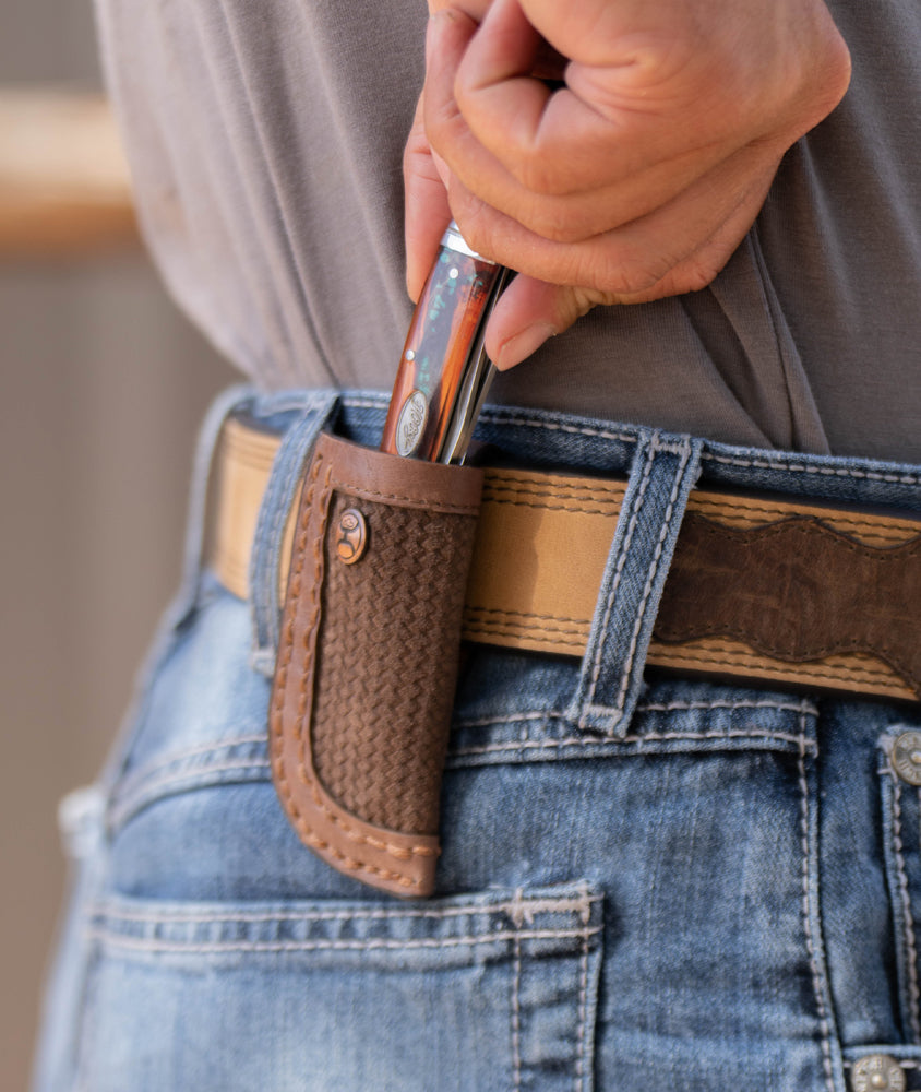 "Hooey Classic Roughout" Knife Sheath Brown w/Basket Weave