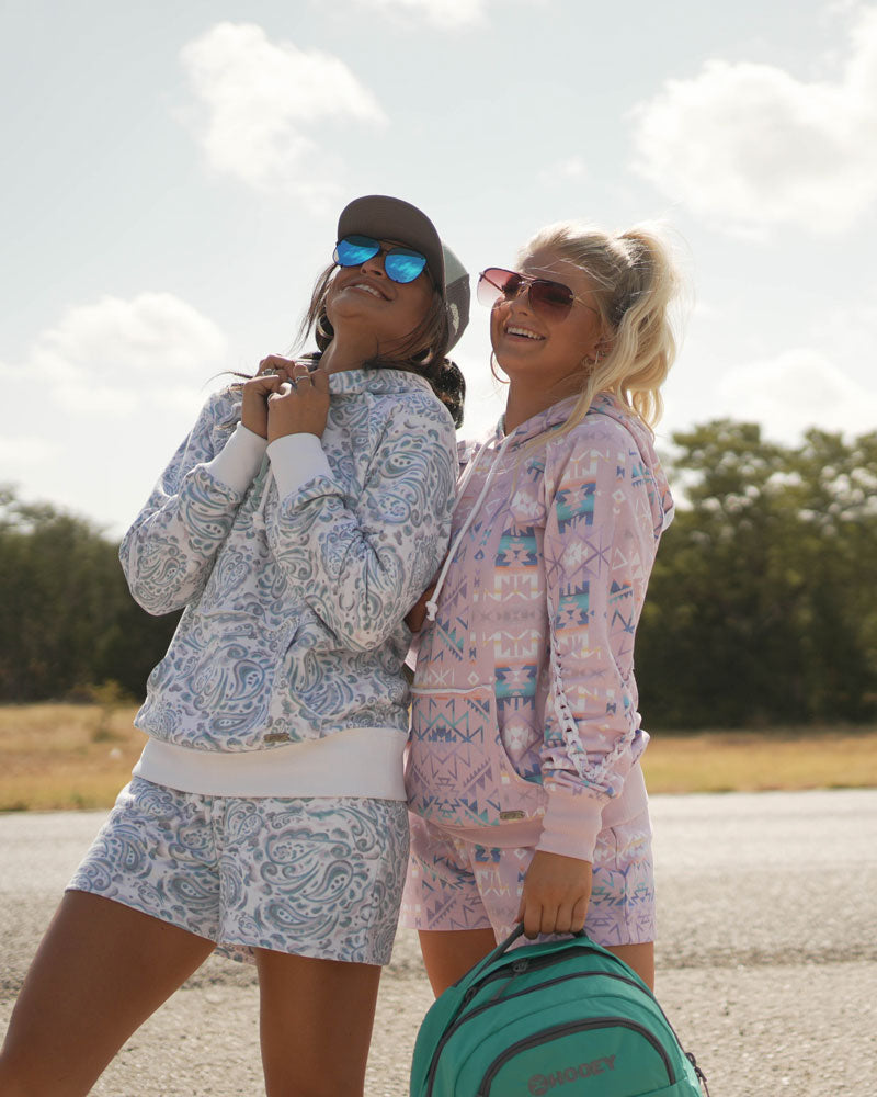 "Oasis" Shorts White/Turquoise w/Paisley Pattern