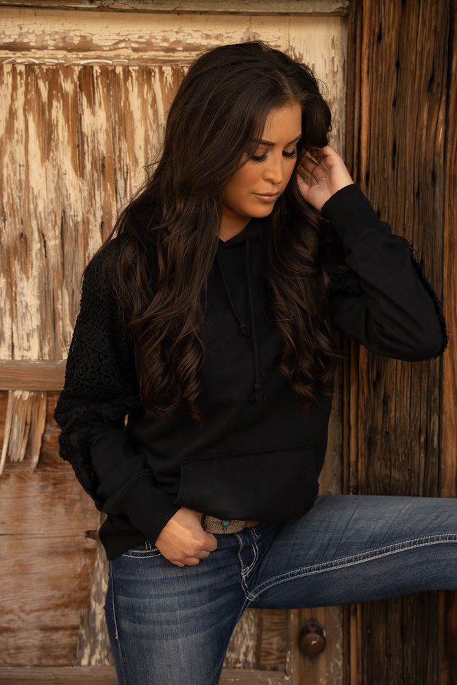 model repping the chaparral black with crochet mesh hoody