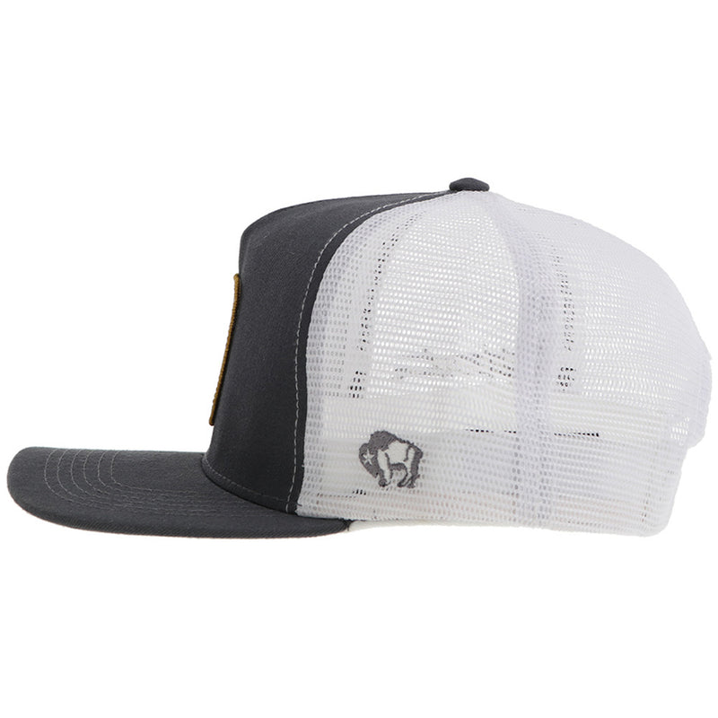 left side of grey and white hat with grey buffalo logo
