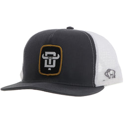 profile view of grey and white hat with grey buffalo logo and gold/black/white logo patch