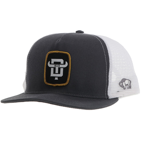profile view of grey and white hat with grey buffalo logo and gold/black/white logo patch