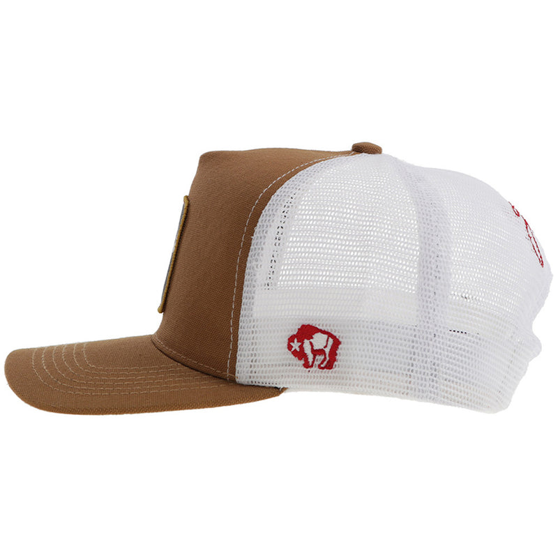 left side of brown and white hat