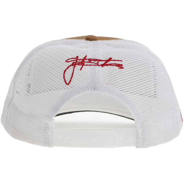 back of brown and white mesh hat with red scrip logo on back