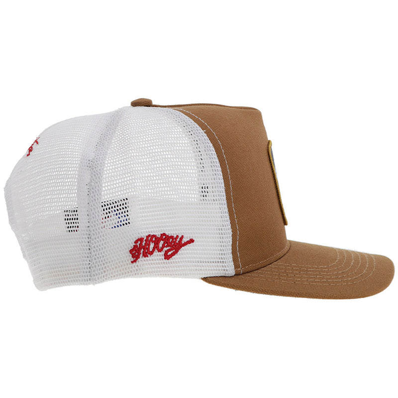 right side of brown and white hat with red Hooey logo