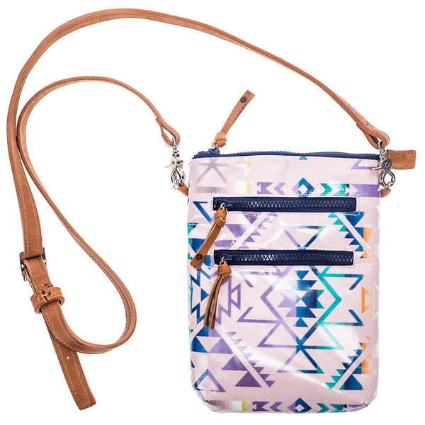 back of pink and blue Aztec pattern cross body 