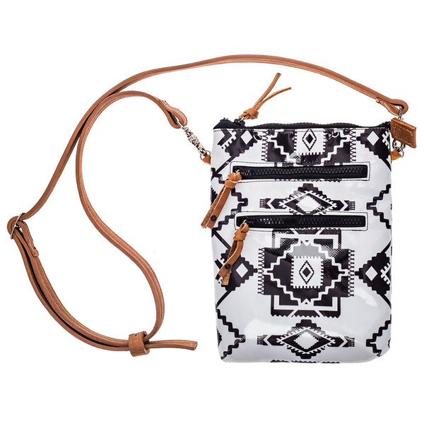 back of black and white aztec pattern cross body