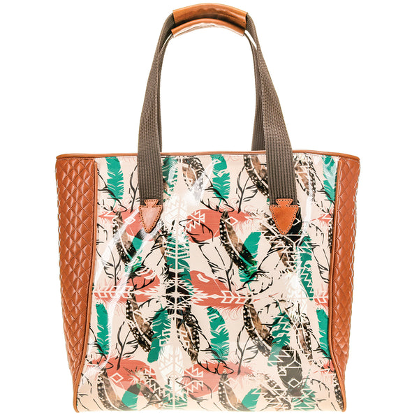 large Topawa Feather tote bag featuring tooled leather on either side panel 
